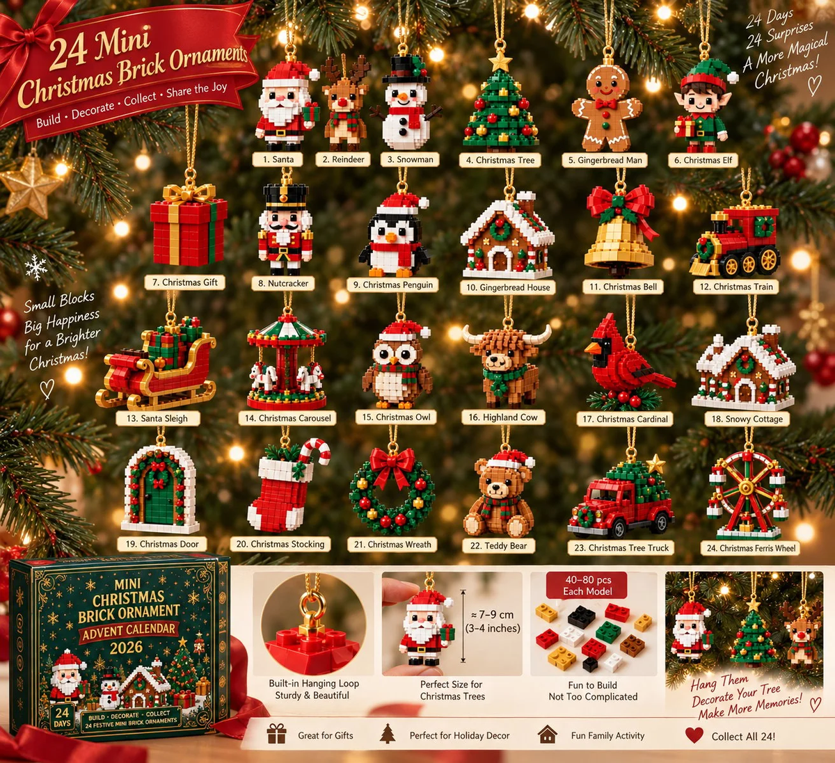 🎅 Last Day to Save 40%🎄24-Day Christmas Advent Calendar – 24 Buildable Ornaments for Kids, Family Fun & Holiday Decor | Devareon®