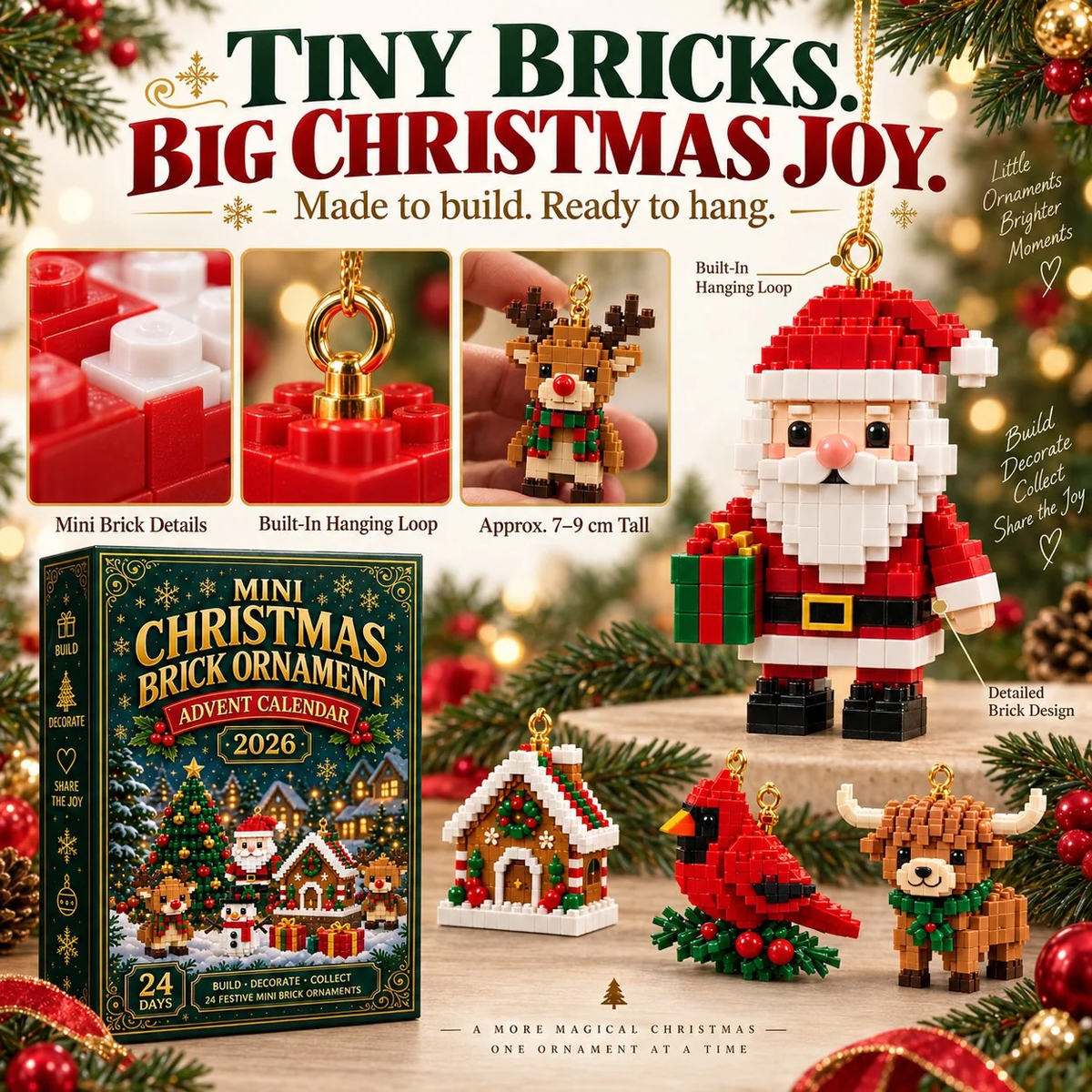 🎅 Last Day to Save 40%🎄24-Day Christmas Advent Calendar – 24 Buildable Ornaments for Kids, Family Fun & Holiday Decor | Devareon®